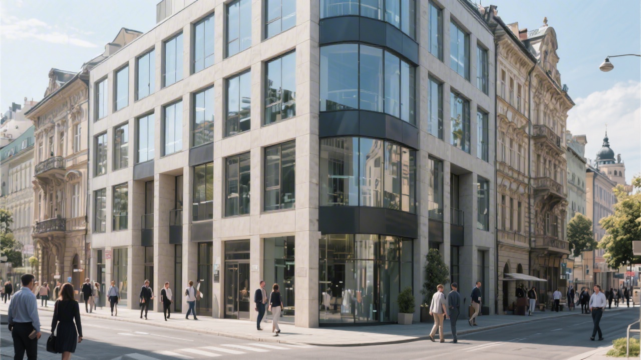 Exterior view of a modern office building in central Prague with classic architecture, clean street scene, people walking by, daylight and professional business district feel.
