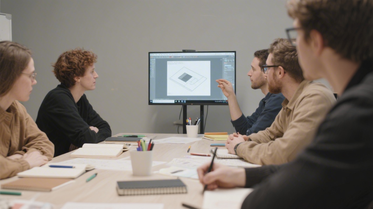 Workshop setting with participants discussing a prototype on a shared screen, notebooks and pens on the table, neutral interior and collaborative learning scene.