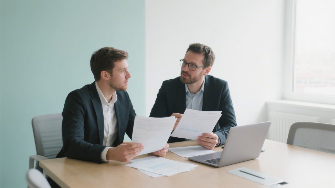 Two professionals discussing a project brief over printed documents and laptop in a bright meeting room, neutral colors and focused conversation.