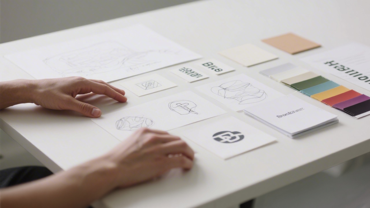 Brand strategist arranging logo sketches, typography samples and color swatches on desk, close view of hands and neatly organized materials, minimal studio style.