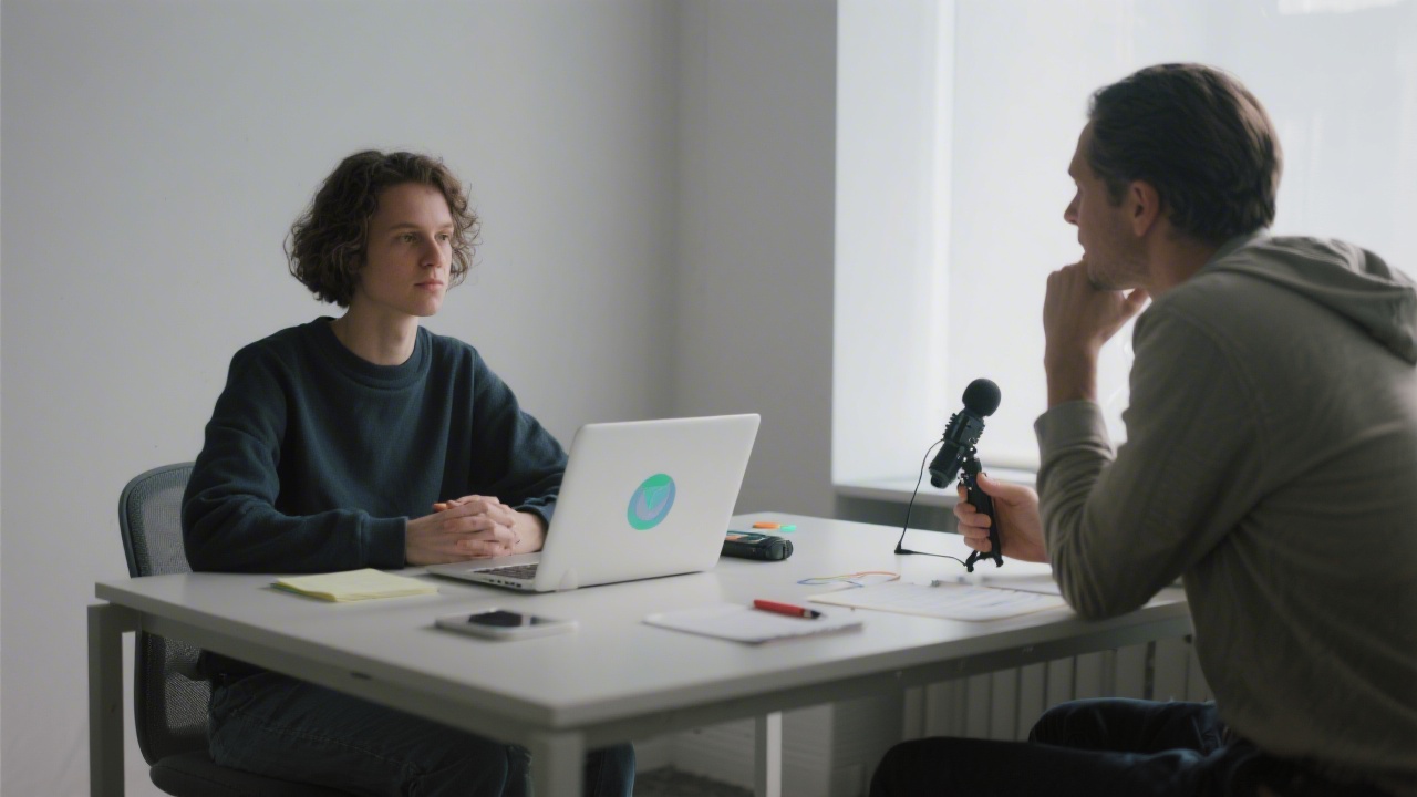 Research session with participant and moderator at a table, laptop open with prototype, notes and recording device visible, professional setting with soft lighting.