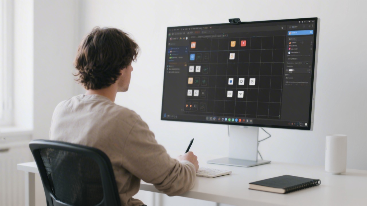 UI designer working on component library on large monitor with grids and style tokens, modern desk setup with notebook and pen, clean minimal background.