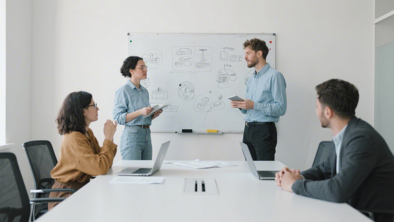 Professional educators discussing design project in a meeting room with whiteboard sketches, laptops open, friendly atmosphere, clean interior and business casual attire.