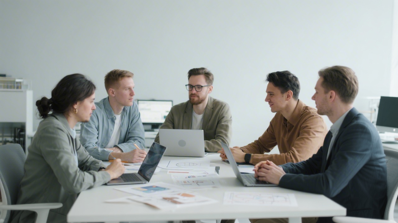 Design team meeting with laptops and prototypes on table, calm modern office, neutral colors, focus on structured collaboration and learning.