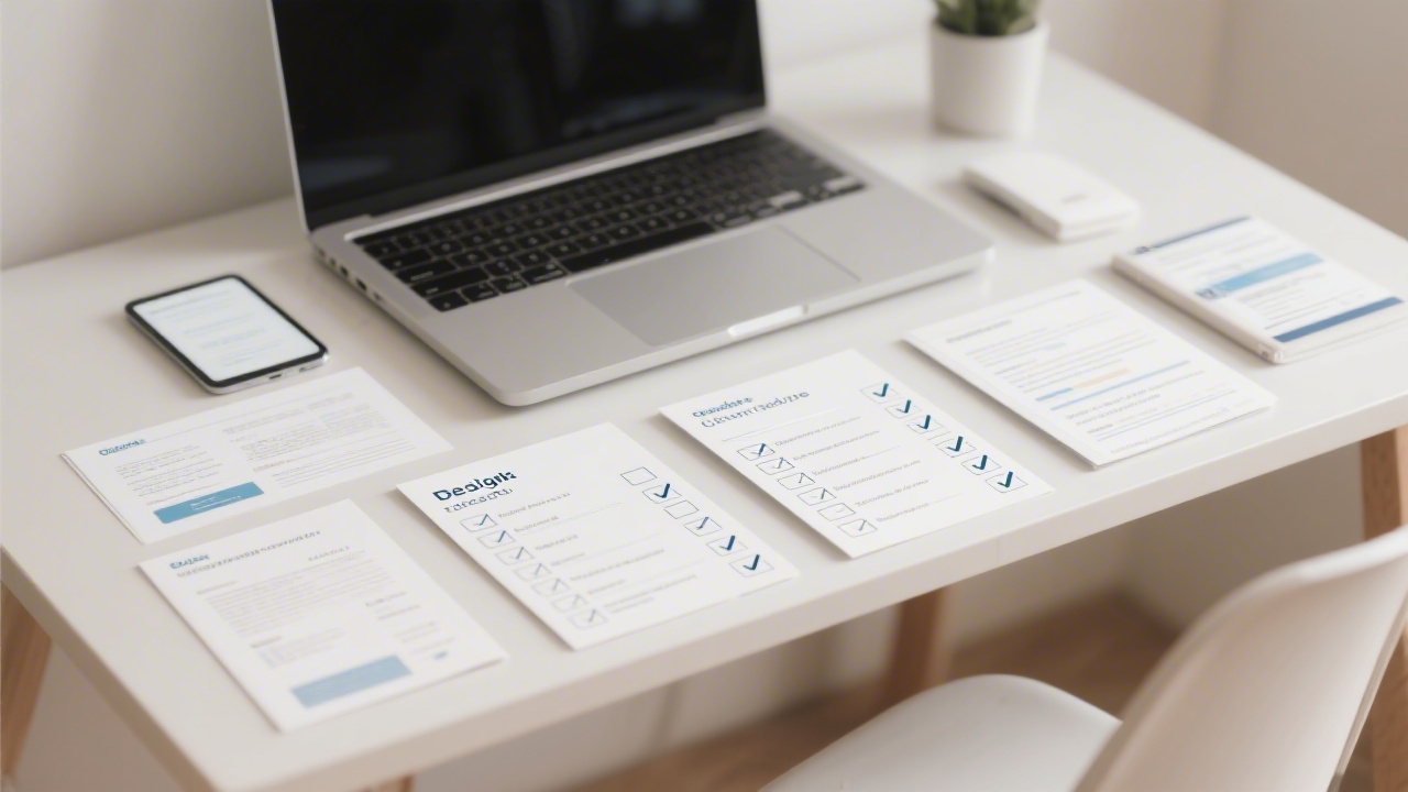 Set of printed design templates and digital checklists on a desk with a laptop, clean composition, neutral light, organized and professional educational materials.